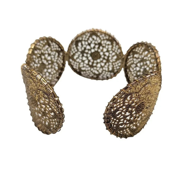 Filigree Gold Tone Medallion Vintage Metal Cuff Bracelet 1.75" Wide Boho - Picture 4 of 5